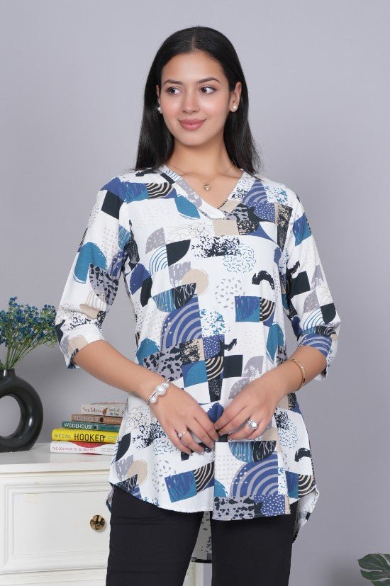 Dark grey v neck printed rayon flare top [100% Rayon] - Printed v neck top