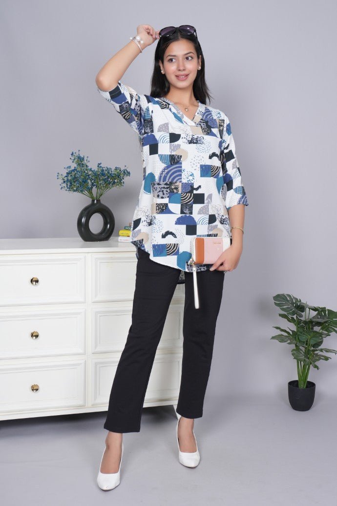Dark grey v neck printed rayon flare top [100% Rayon] - Printed v neck top
