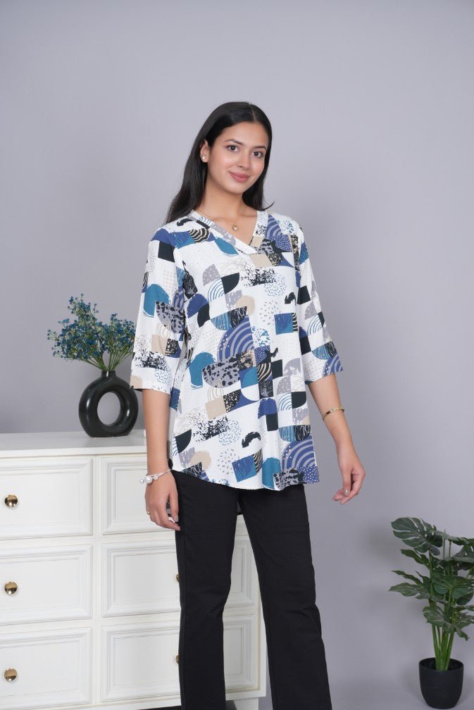 Dark grey v neck printed rayon flare top [100% Rayon] - Printed v neck top