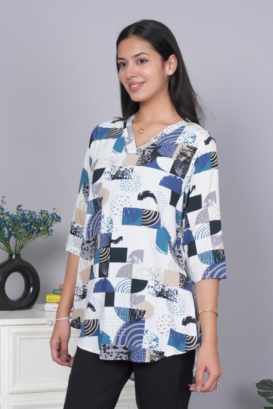 Dark grey v neck printed rayon flare top [100% Rayon] - Printed v neck top