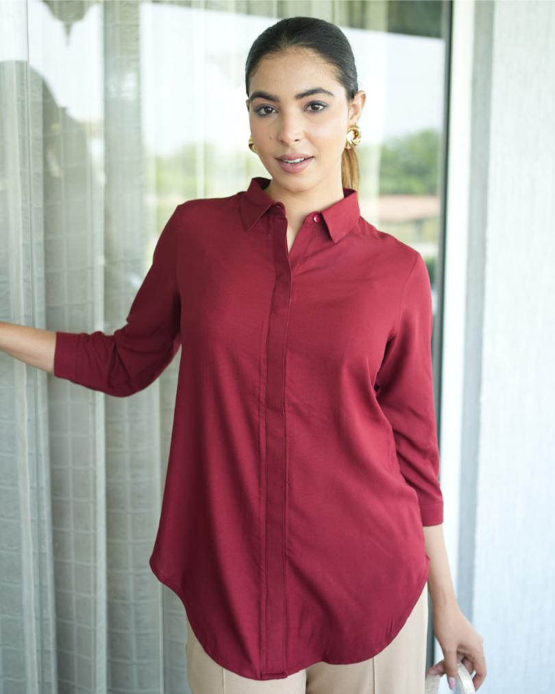 Dark maroon long hemline shirt [ 100% Rayon, Liva Certified ] - Long hemline shirt