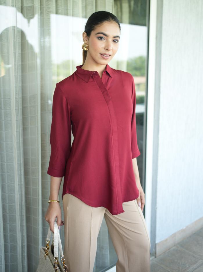 Dark maroon long hemline shirt for women, casual formal shirt