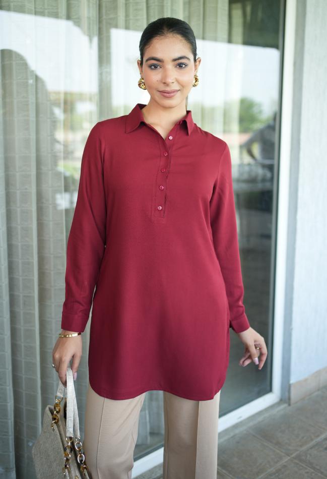 Long Sleeve Longline Shirt H Dark Maroon Long Line Shirt For