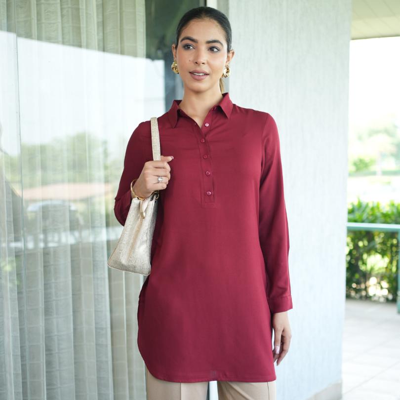 Dark maroon longline shirt [ 100% Rayon, Liva Certified ] - Long line shirt