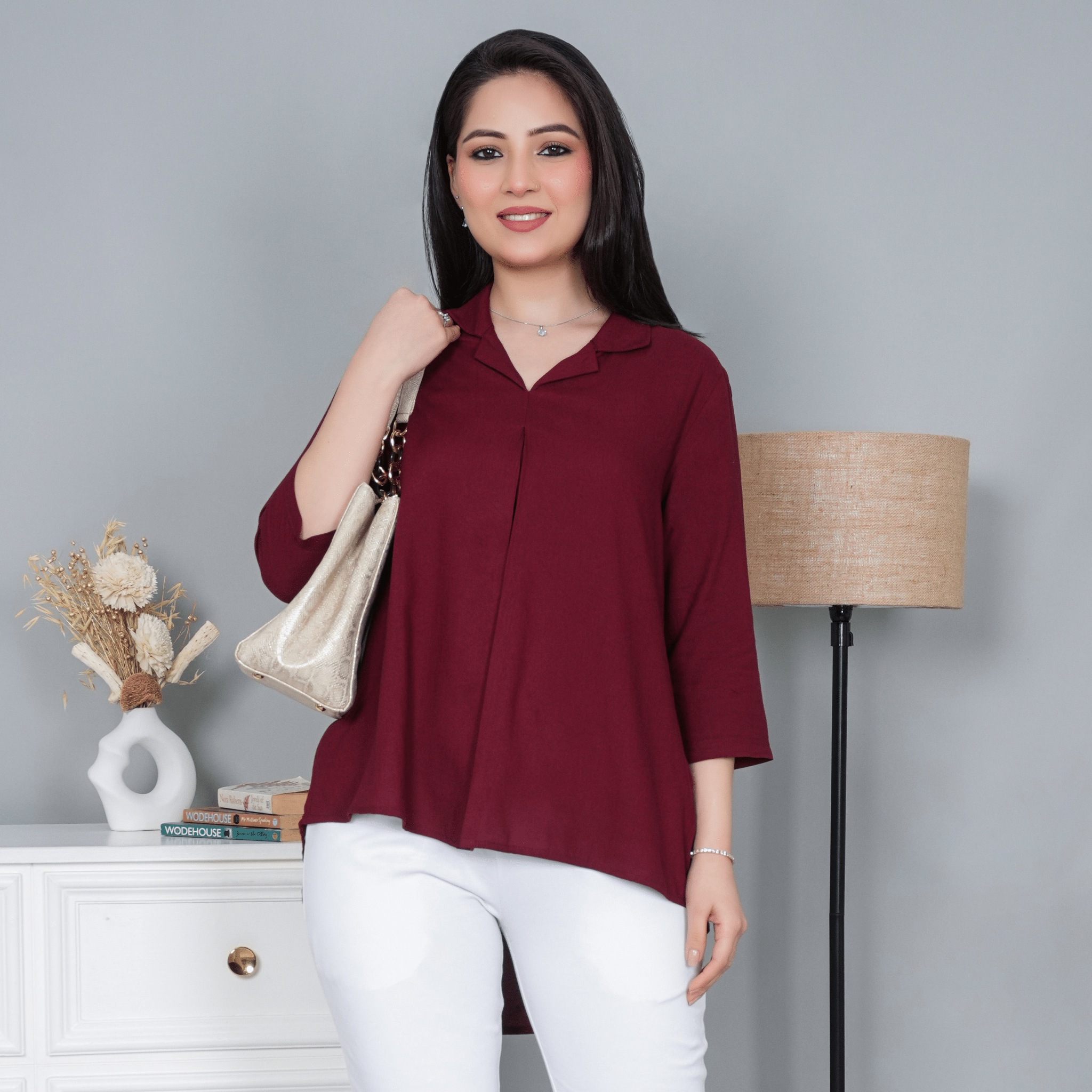 Dark maroon rayon collar top [ Premium 100% Rayon, Liva Certified ] - Rayon collar top