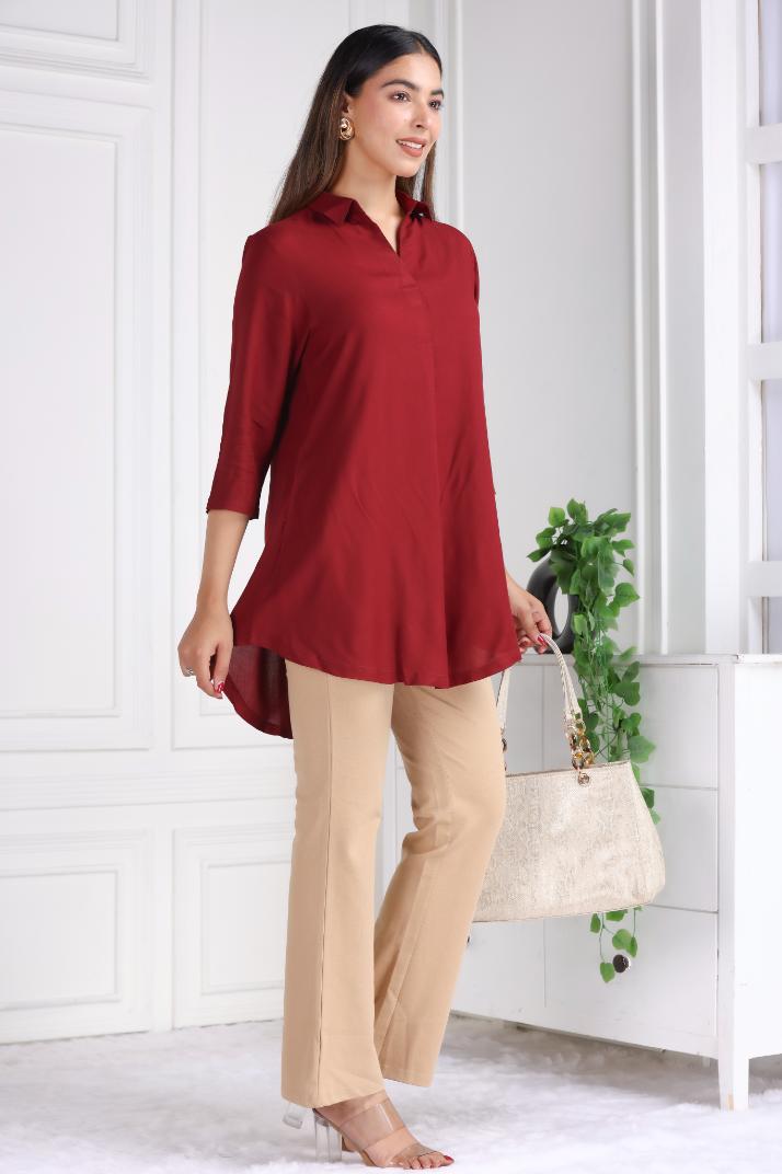 Dark maroon rayon flare top [ 100% Rayon, Liva Certified ] - Rayon flare top