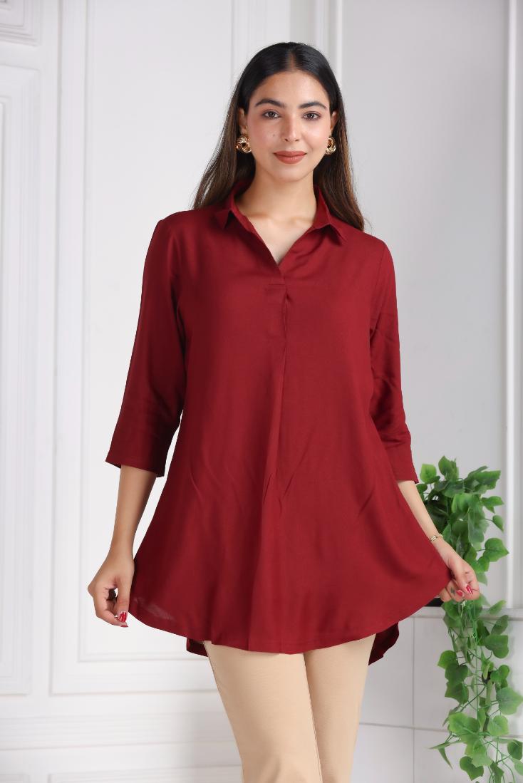 Dark maroon rayon flare top [ 100% Rayon, Liva Certified ] - Rayon flare top