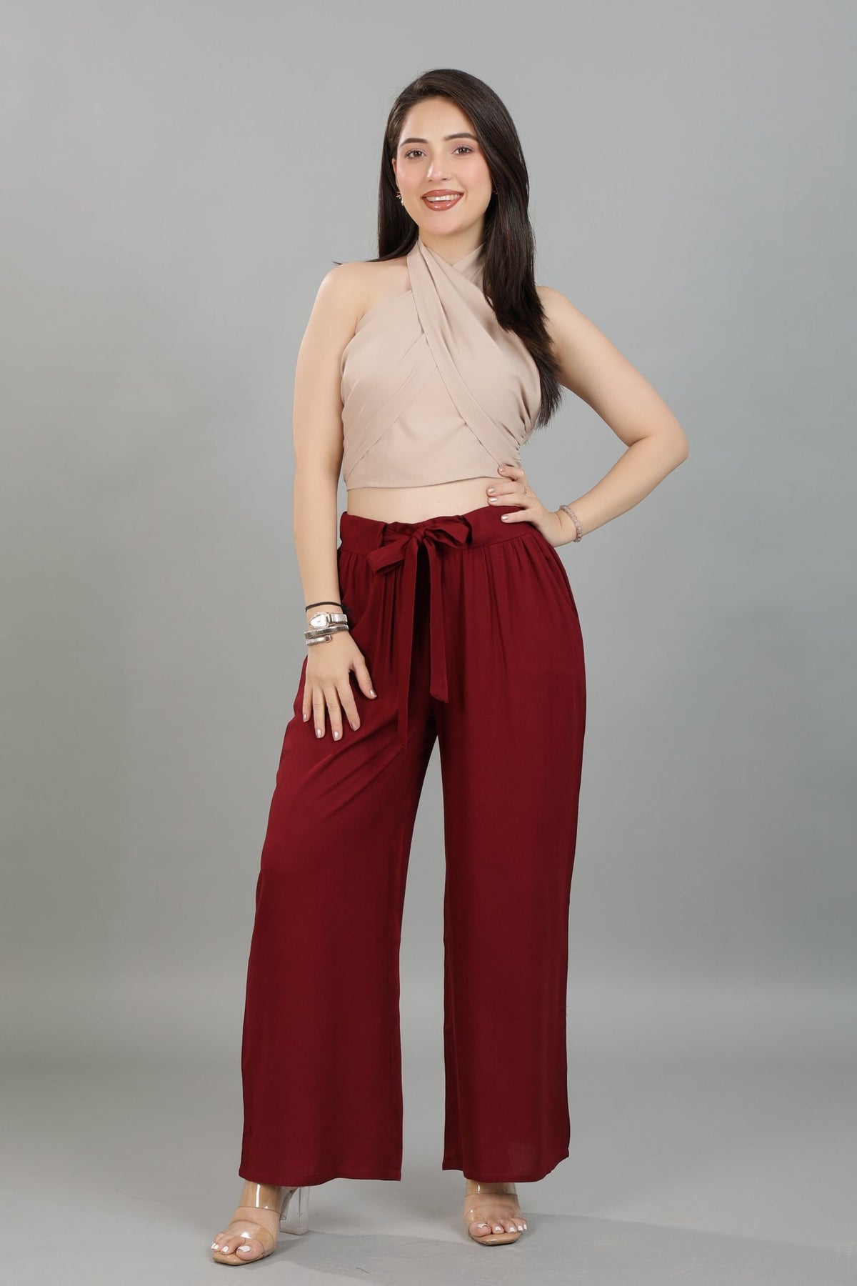 Dark maroon wide leg pant [ 100% Rayon, Liva Certified ] -Wide leg pant