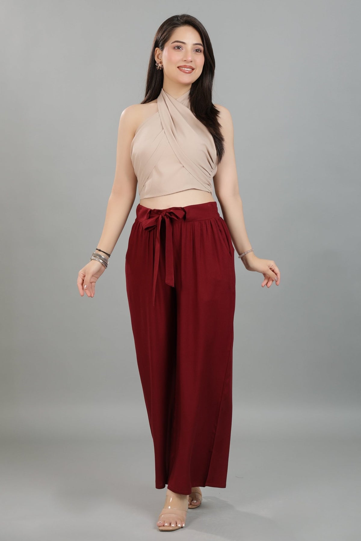 Dark maroon wide leg pant [ 100% Rayon, Liva Certified ] -Wide leg pant