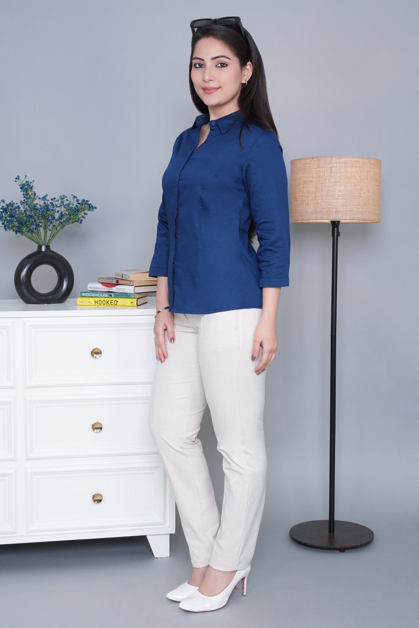 Dark navy cotton office placket shirt - Cotton office placket shirt