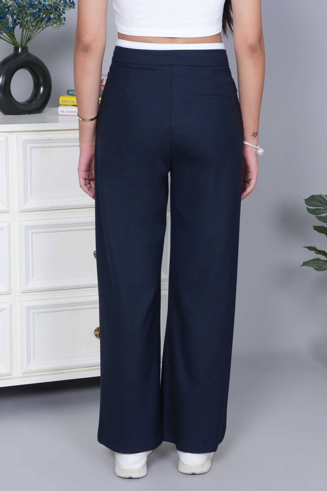 Dark navy high waist belted trouser with spandex - High waist belted trouser