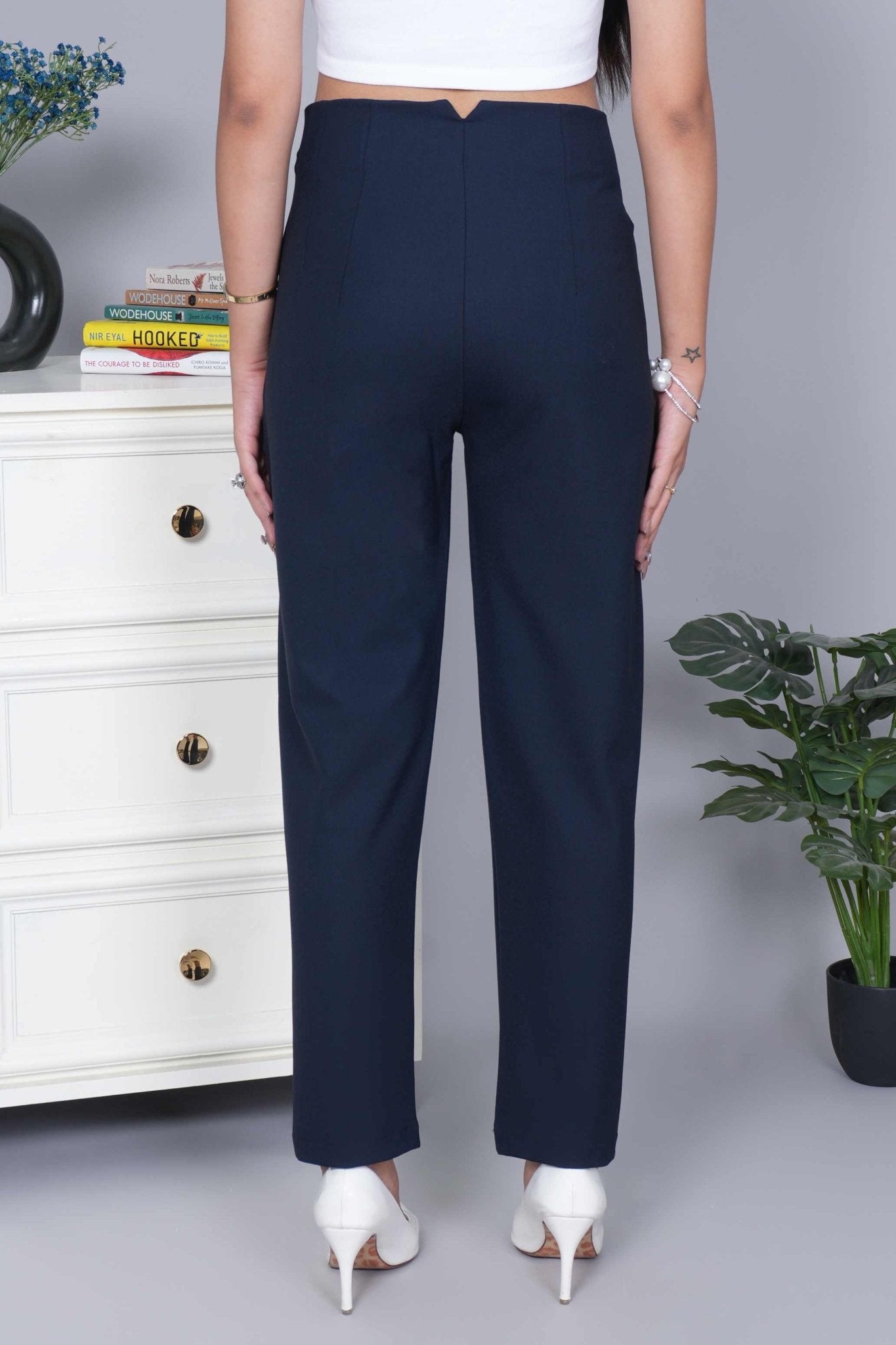 Dark navy high waist pleated pant with spandex [Straight fit] - High waist pleated pant