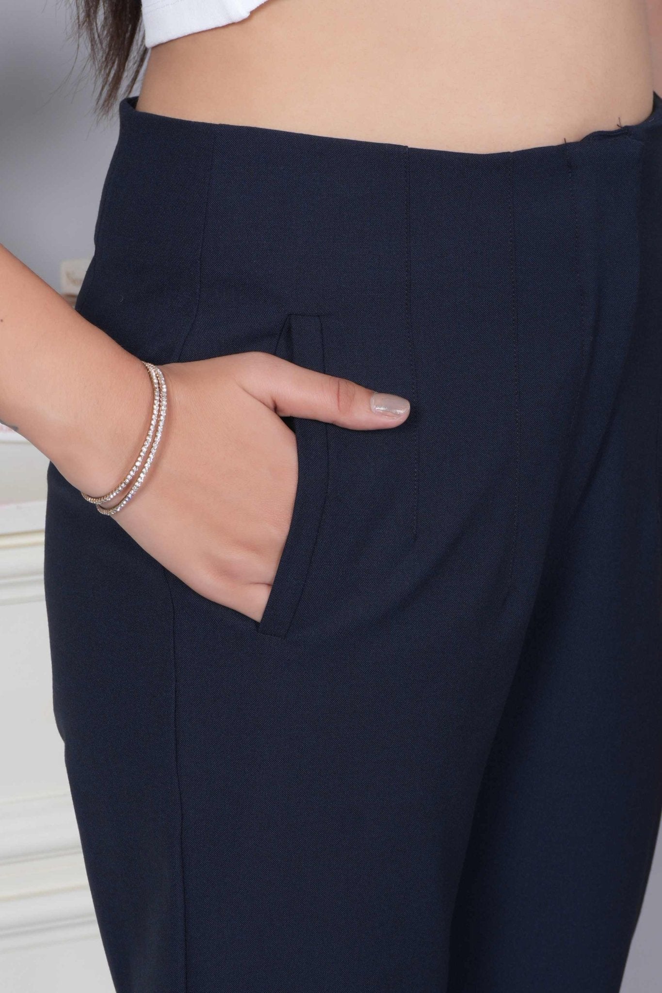 Dark navy high waist pleated pant with spandex [Straight fit] - High waist pleated pant