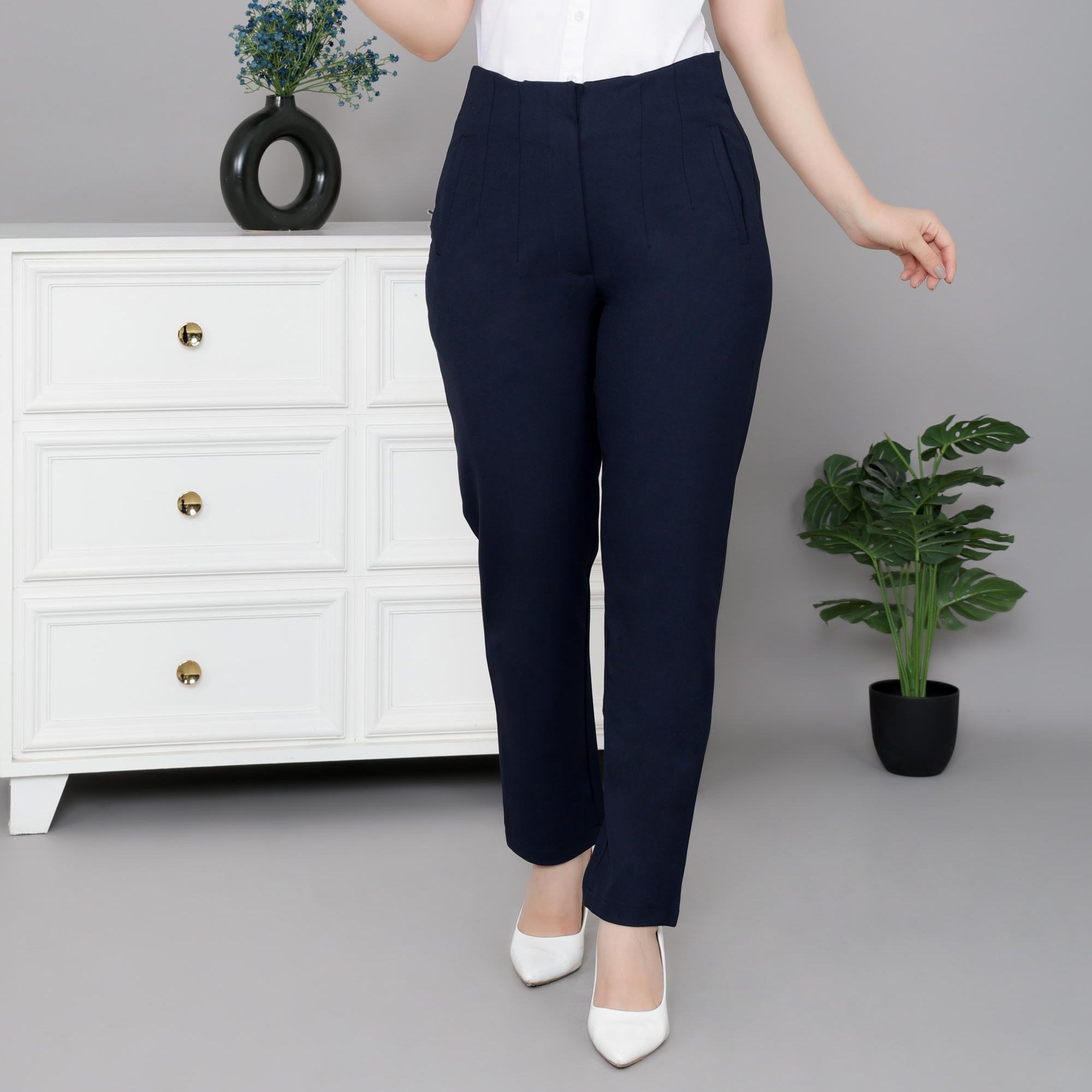 Dark navy high waist pleated pant with spandex [Straight fit] -High waist pleated pant