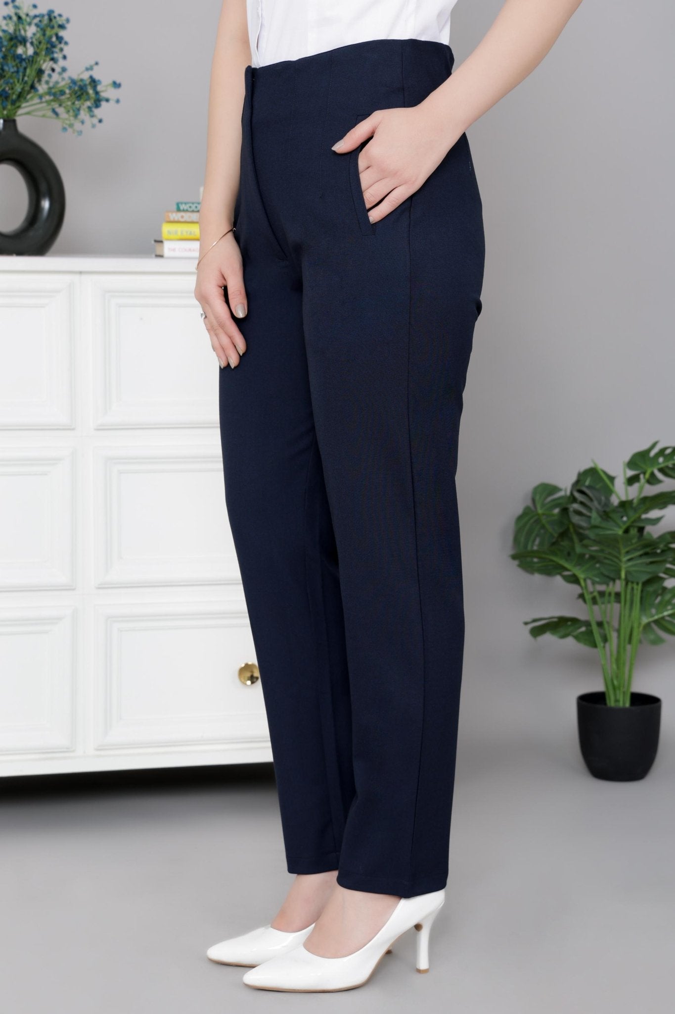 Dark navy high waist pleated pant with spandex [Straight fit] -High waist pleated pant