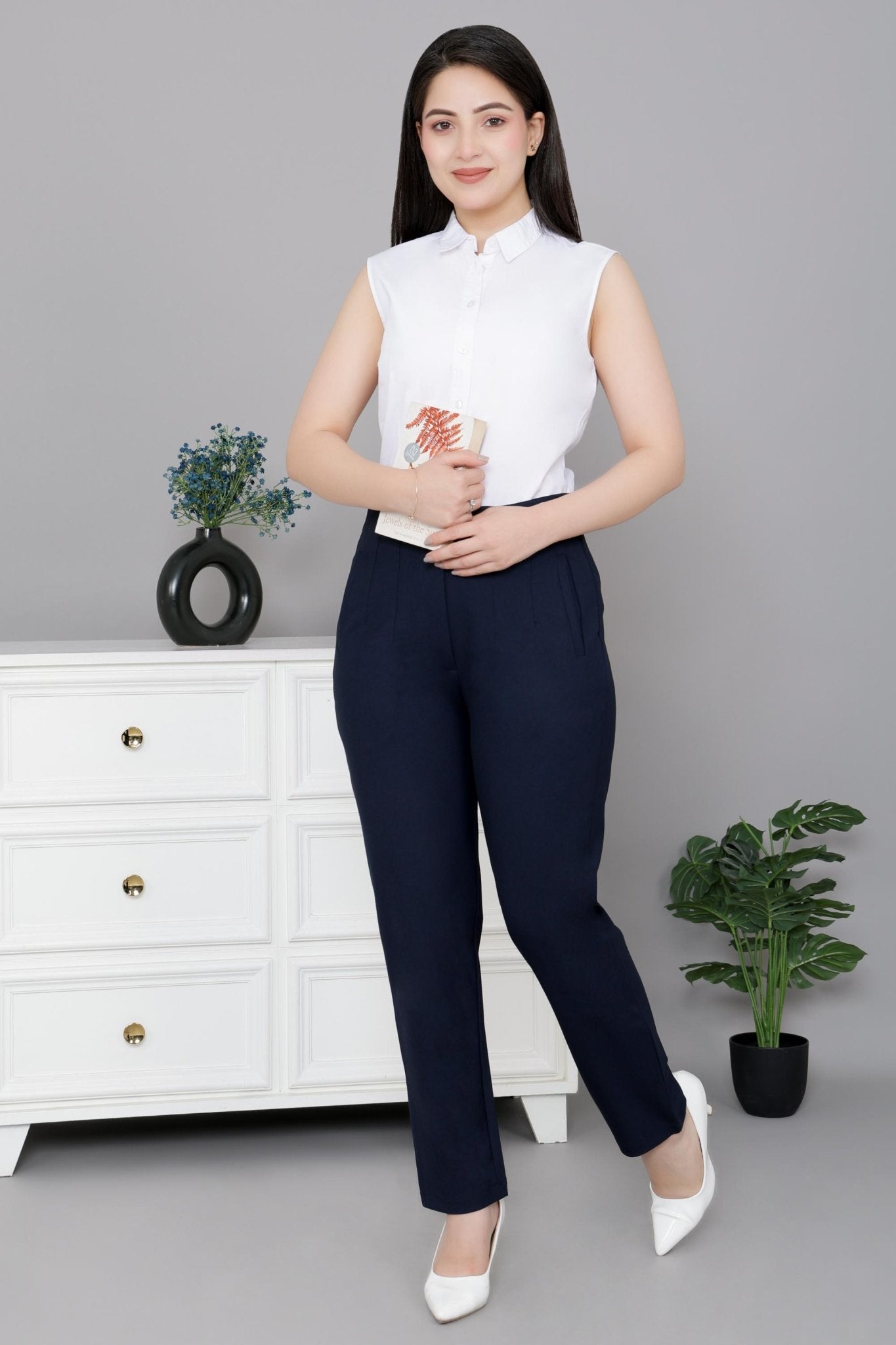Dark navy high waist pleated pant with spandex [Straight fit] -High waist pleated pant