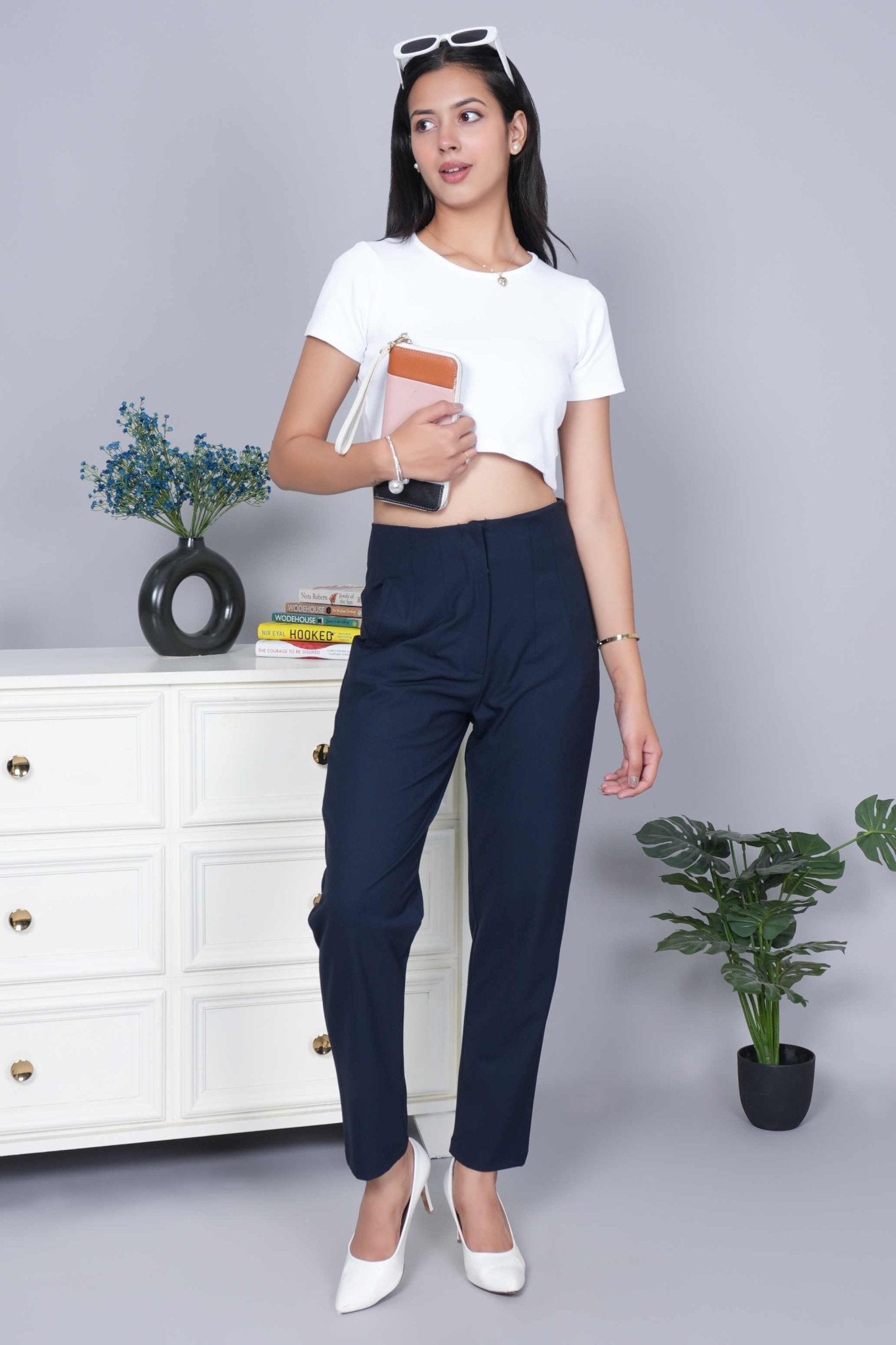 Dark navy high waist pleated pant with spandex [Straight fit] - High waist pleated pant