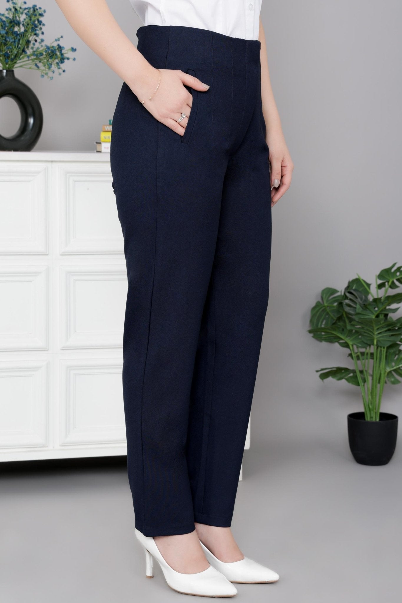 Dark navy high waist pleated pant with spandex [Straight fit] -High waist pleated pant