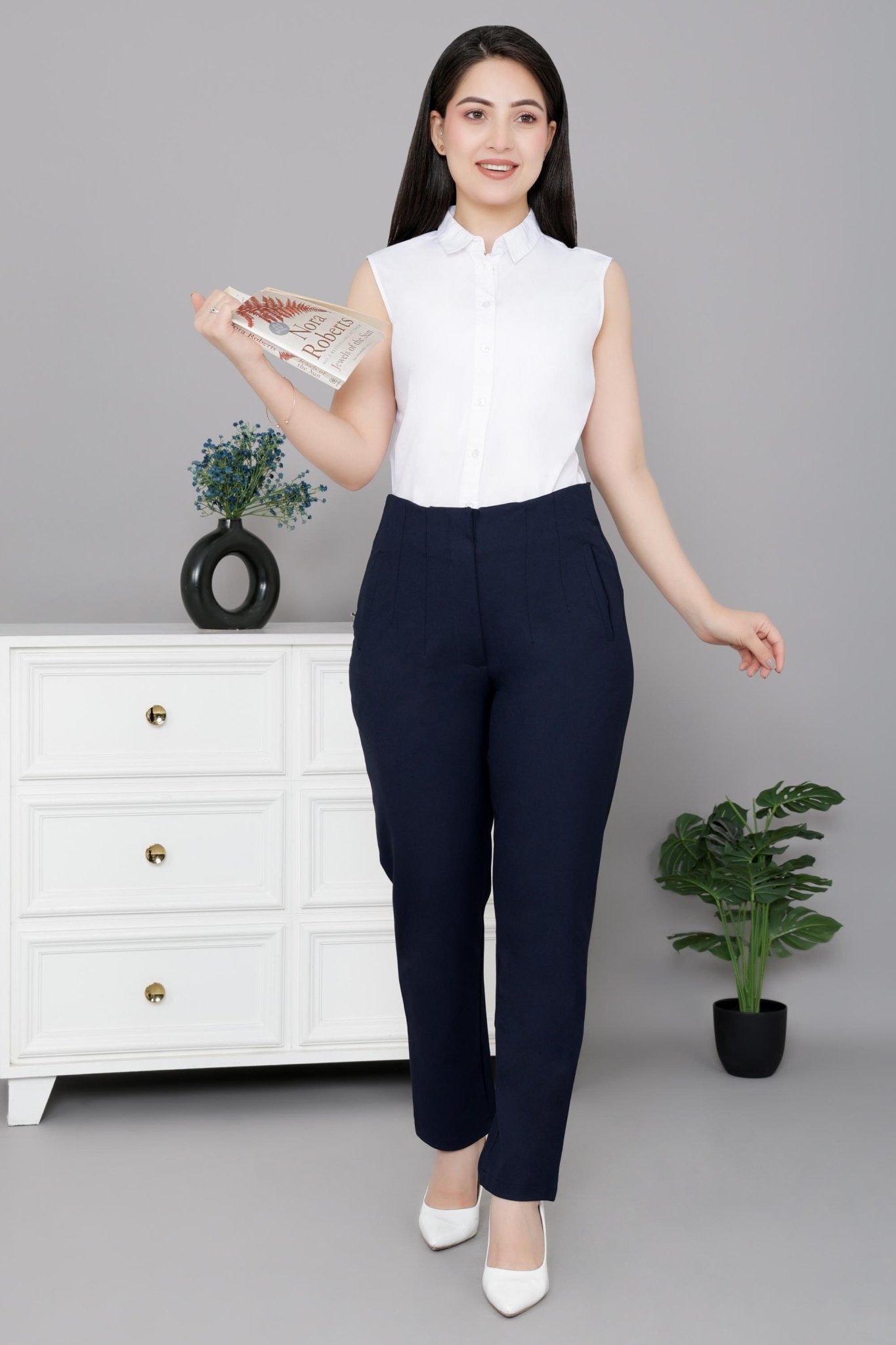 Dark navy high waist pleated pant with spandex [Straight fit] -High waist pleated pant