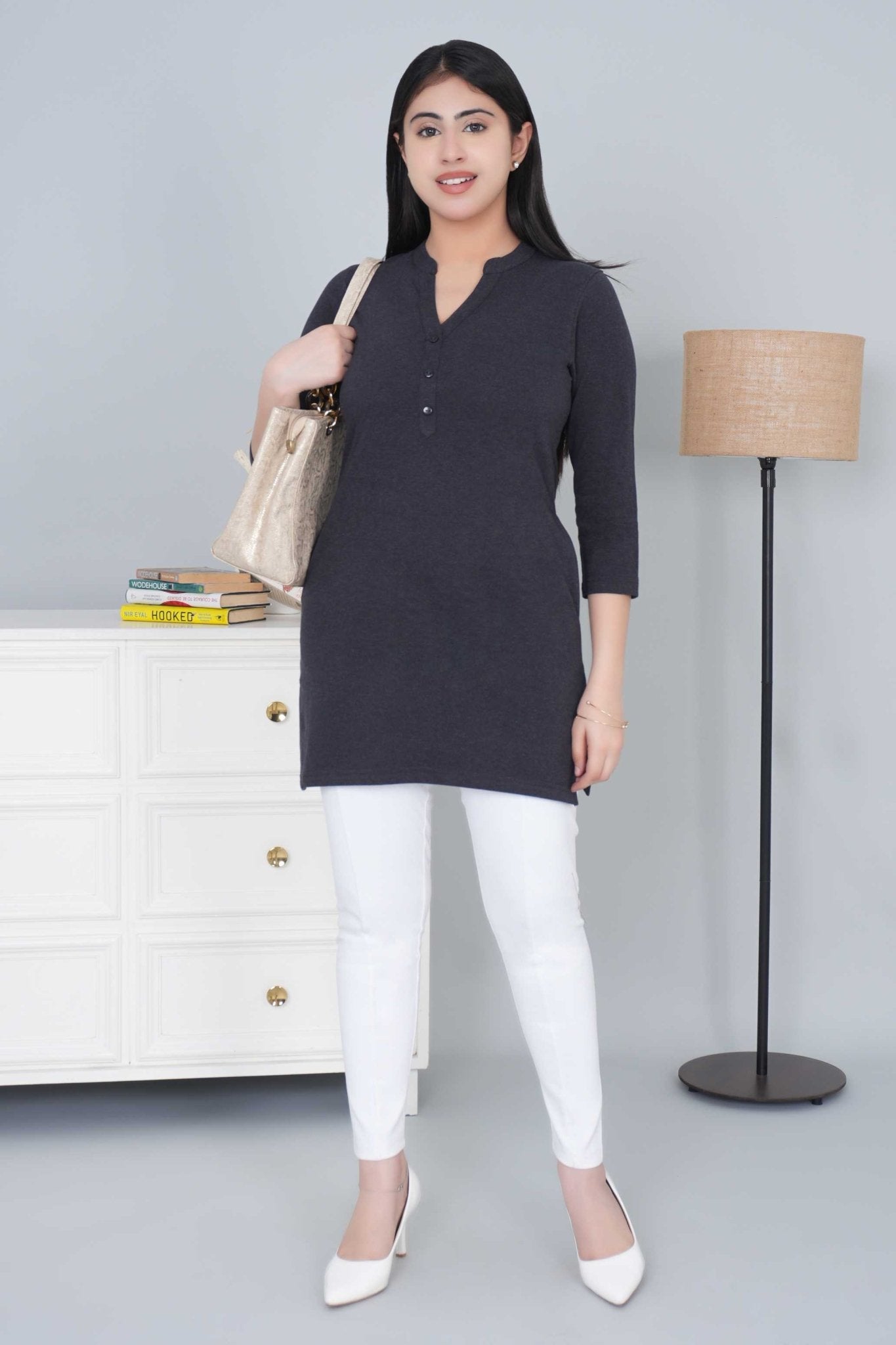 Dark navy melange cotton kurti tshirt with pockets - Kurti tshirt