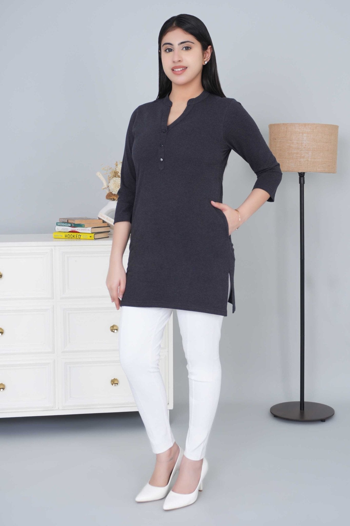Dark navy melange cotton kurti tshirt with pockets - Kurti tshirt