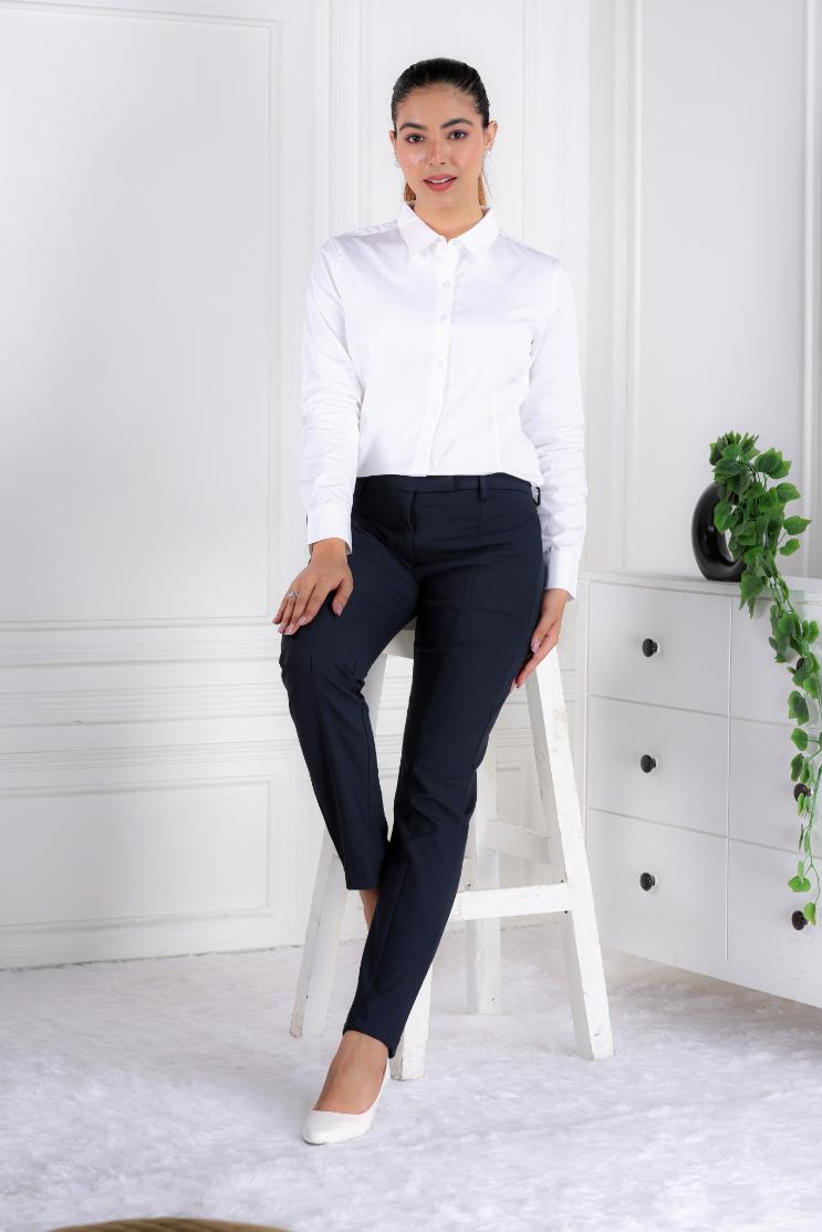 Dark navy woven formal pants with spandex [Straight fit] - Woven formal pants