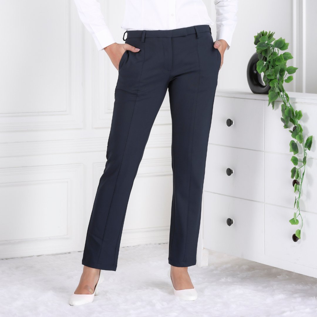 Dark navy woven formal pants with spandex [Straight fit] - Woven formal pants