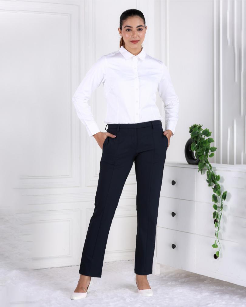 Dark navy woven formal pants with spandex [Straight fit] - Woven formal pants