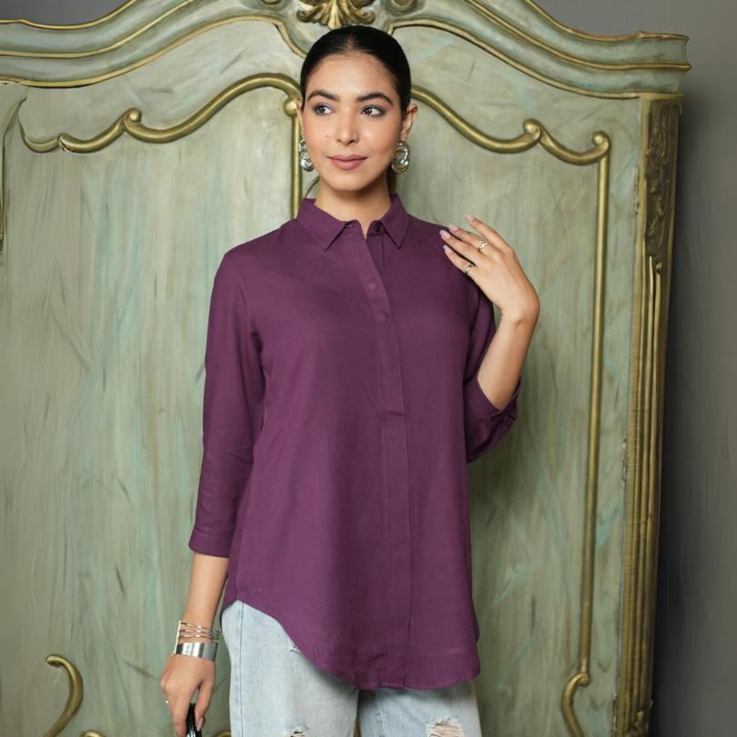 Dark purple long hemline shirt [ 100% Rayon, Liva Certified ] - Long hemline shirt