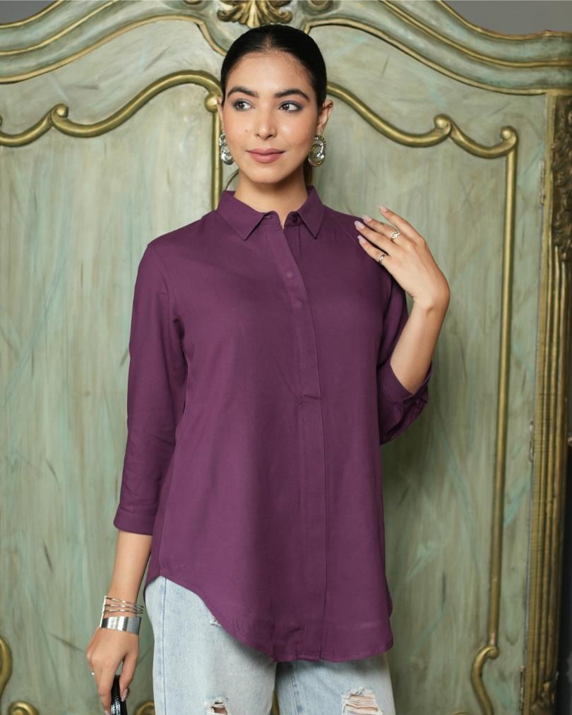 Dark purple long hemline shirt [ 100% Rayon, Liva Certified ] - Long hemline shirt