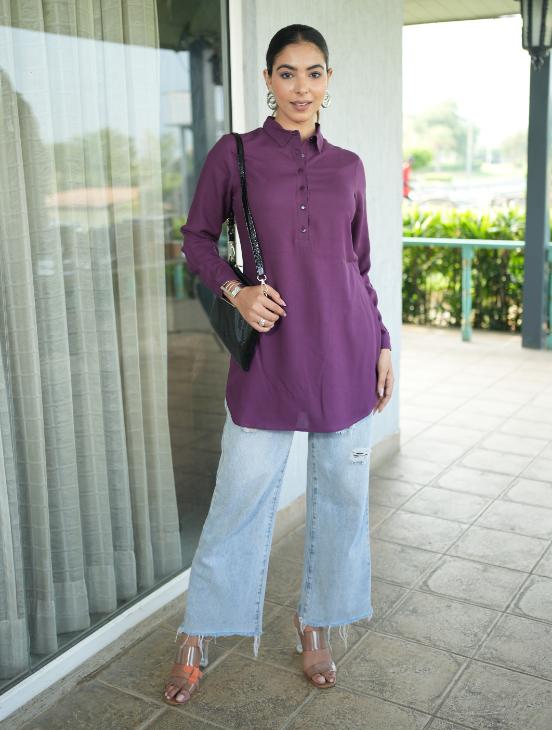 Dark purple longline shirt [ 100% Rayon, Liva Certified ] - Long line shirt