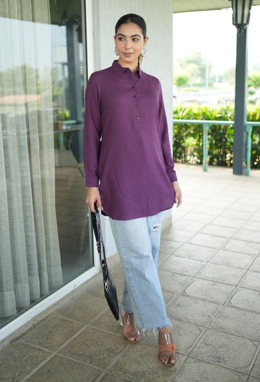 Dark purple longline shirt [ 100% Rayon, Liva Certified ] - Long line shirt