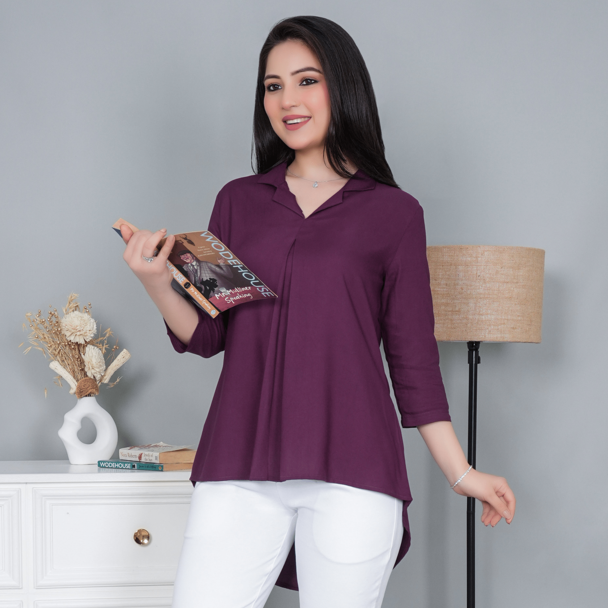 Dark purple rayon collar top [ Premium 100% Rayon, Liva Certified ] - Rayon collar top