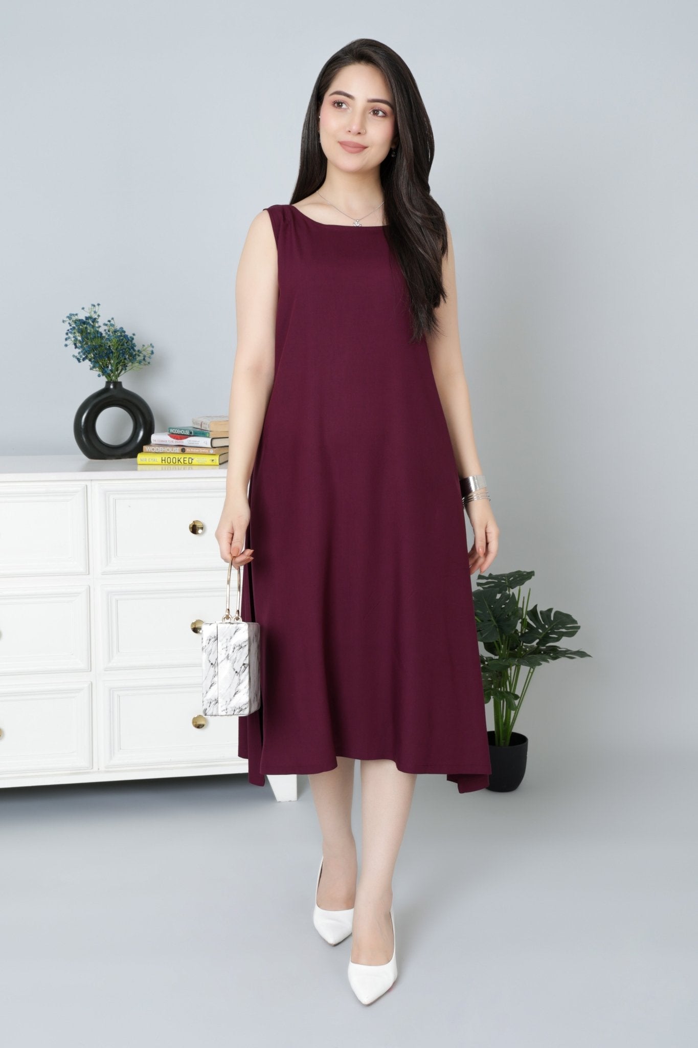 Dark purple rayon flare dress with pocket [ Premium 100% Rayon, Liva Certified ] - Rayon flare dress with pocket