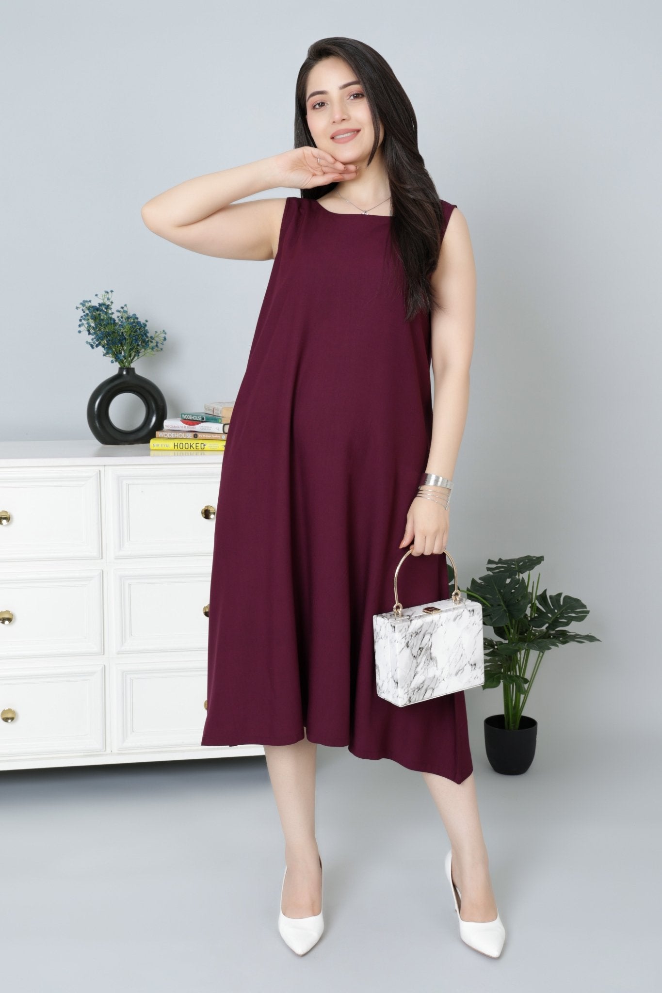 Dark purple rayon flare dress with pocket [ Premium 100% Rayon, Liva Certified ] - Rayon flare dress with pocket