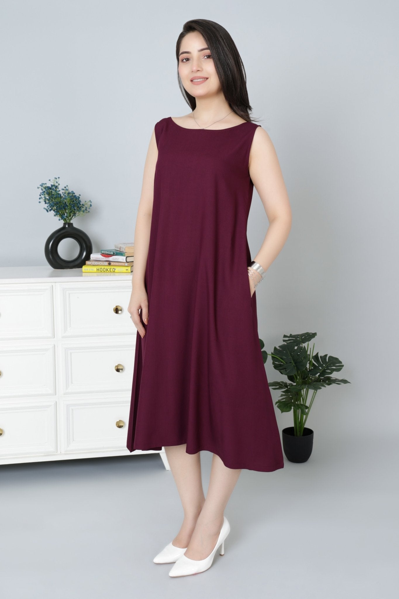 Dark purple rayon flare dress with pocket [ Premium 100% Rayon, Liva Certified ] - Rayon flare dress with pocket