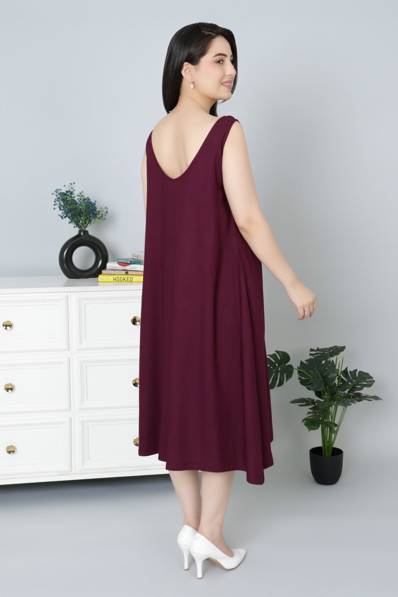 Dark purple rayon flare dress with pocket [ Premium 100% Rayon, Liva Certified ] - Rayon flare dress with pocket