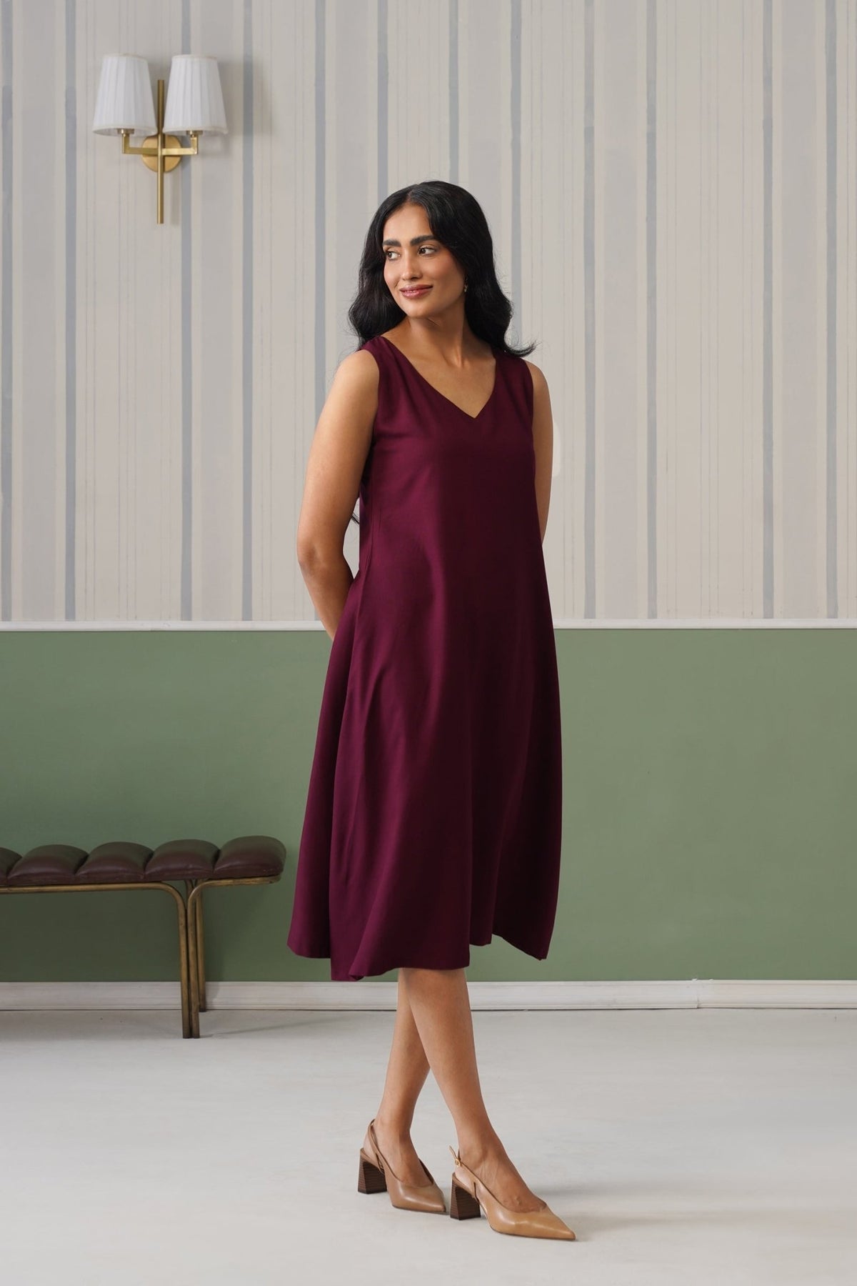 Dark purple rayon line dress with pocket [ Premium 100% Rayon, Liva Certified ] -Rayon line dress with pocket