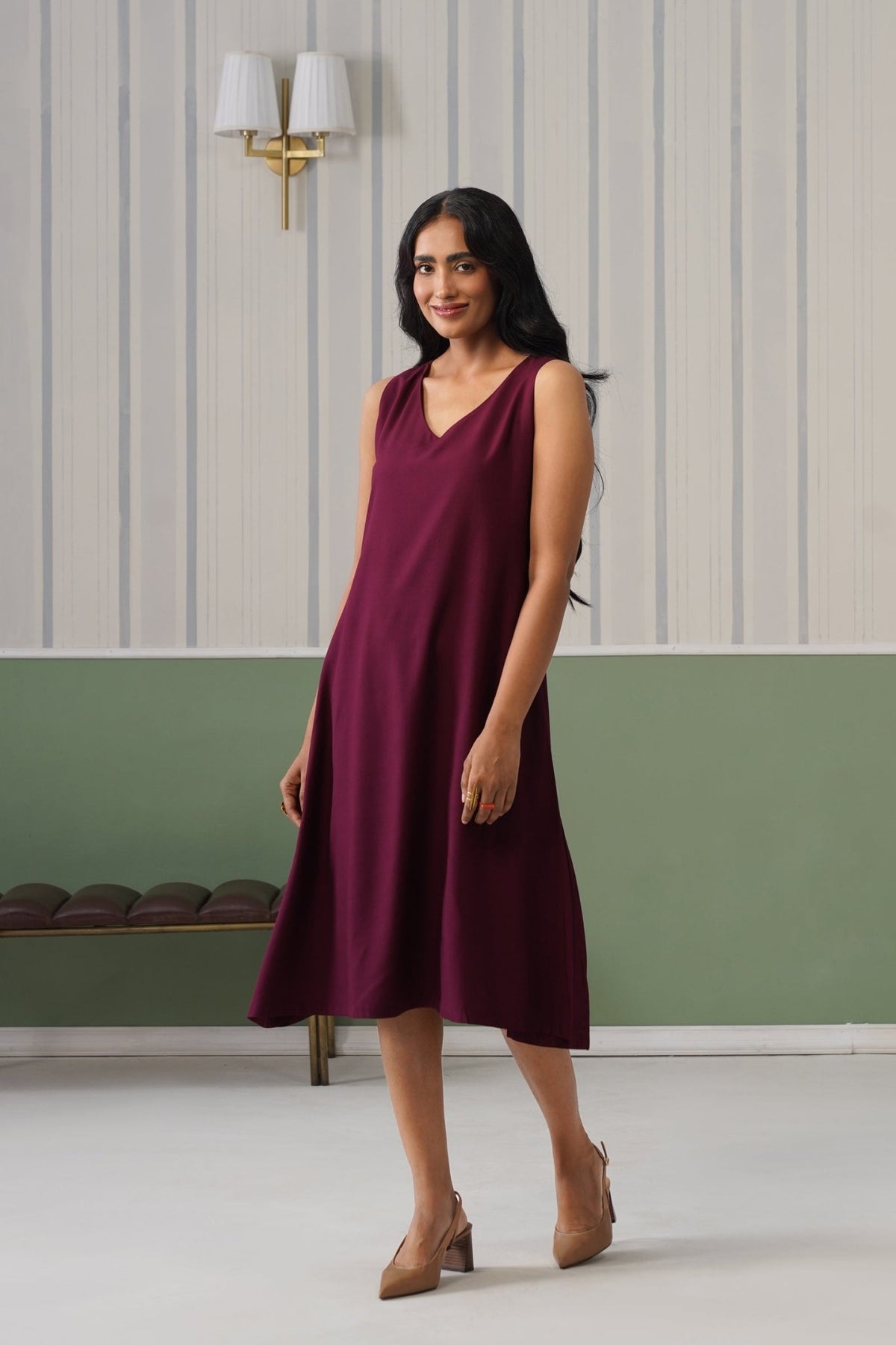 Dark purple rayon line dress with pocket [ Premium 100% Rayon, Liva Certified ] -Rayon line dress with pocket