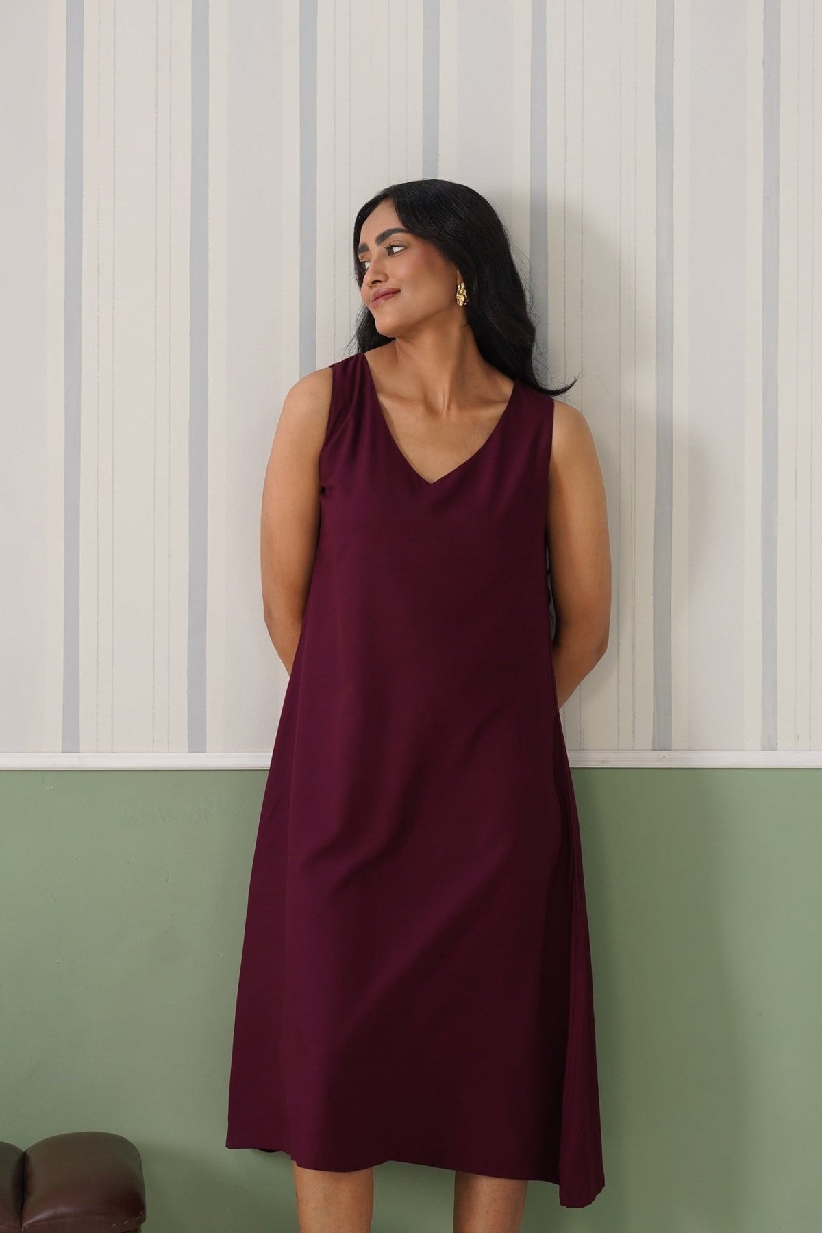 Dark purple rayon line dress with pocket [ Premium 100% Rayon, Liva Certified ] -Rayon line dress with pocket