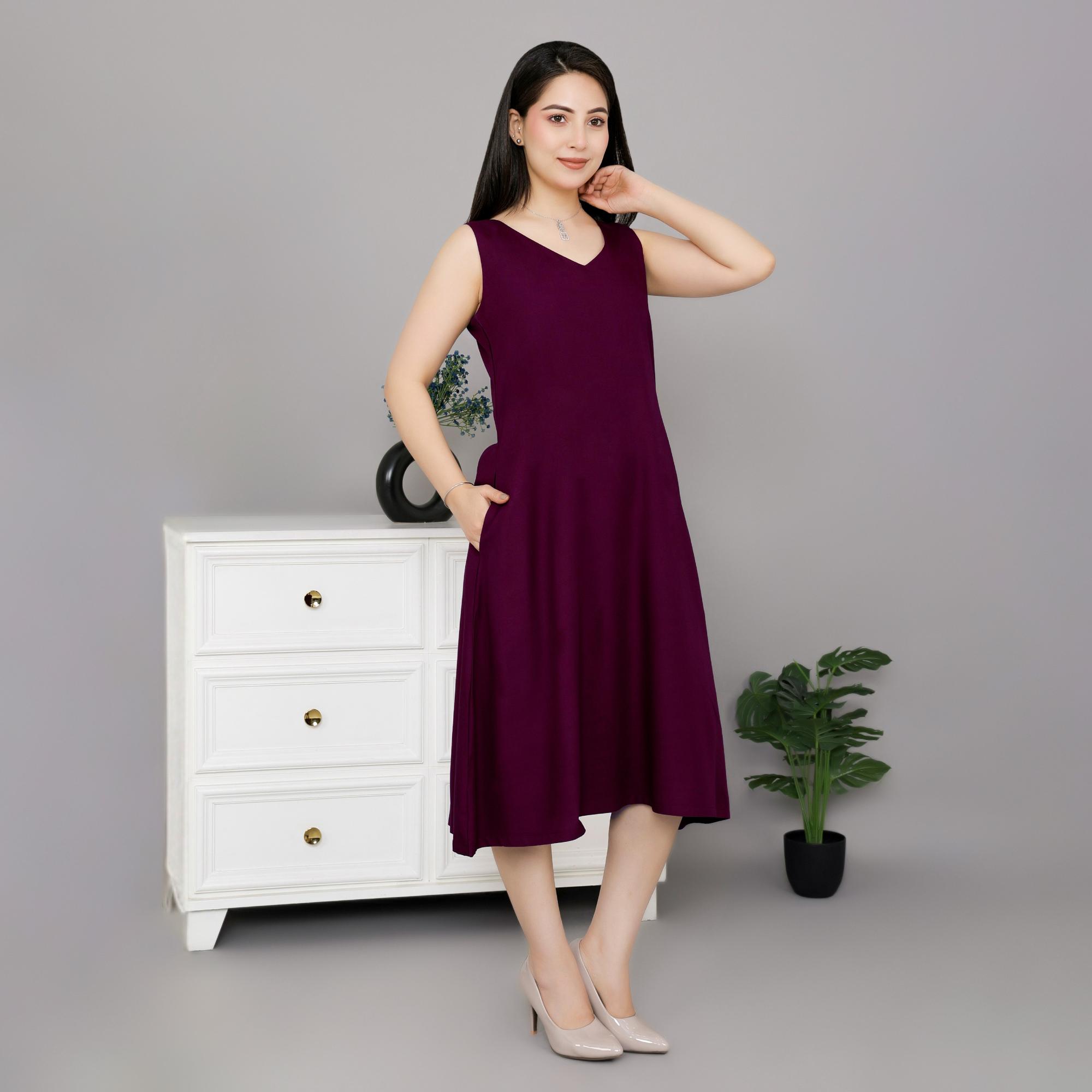 Dark purple rayon line dress with pocket [ Premium 100% Rayon, Liva Certified ] - Rayon line dress with pocket