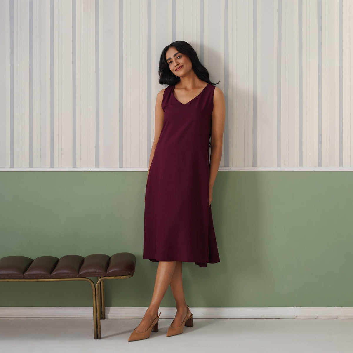 Dark purple rayon line dress with pocket [ Premium 100% Rayon, Liva Certified ] -Rayon line dress with pocket