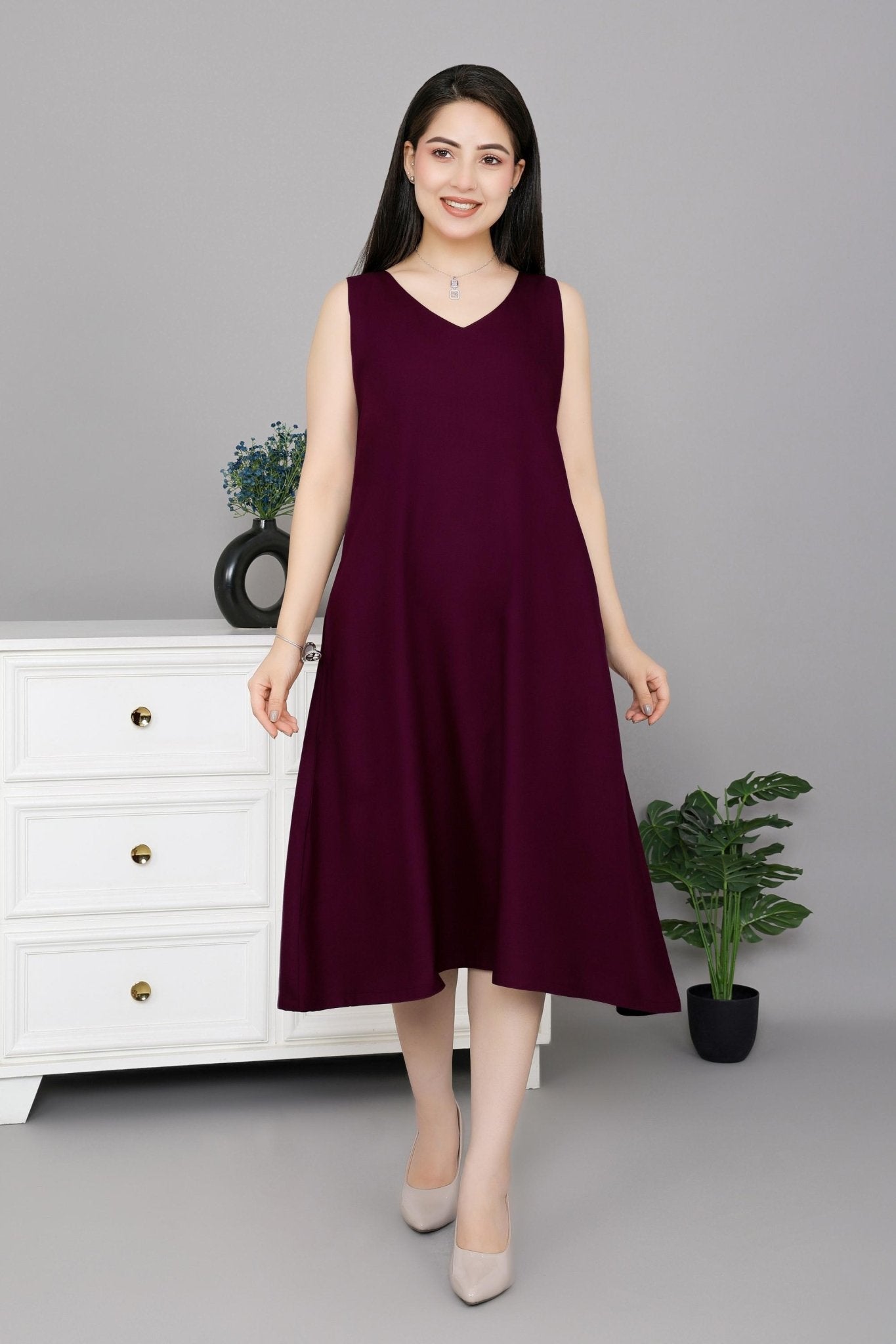 Dark purple rayon line dress with pocket [ Premium 100% Rayon, Liva Certified ] - Rayon line dress with pocket