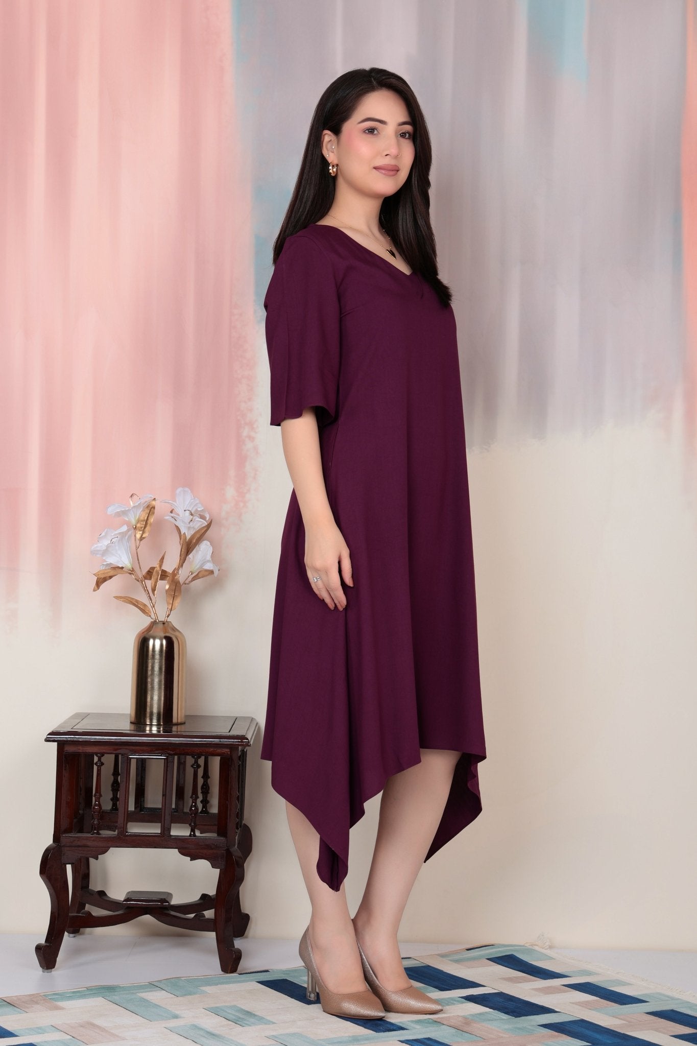 Dark purple v-neck line dress with sleeves [ Premium 100% Rayon, Liva Certified ] -Rayon flare dress with pocket