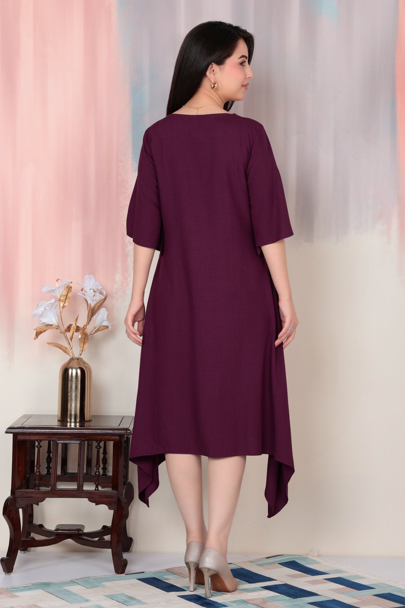 Dark purple v-neck line dress with sleeves [ Premium 100% Rayon, Liva Certified ] -Rayon flare dress with pocket