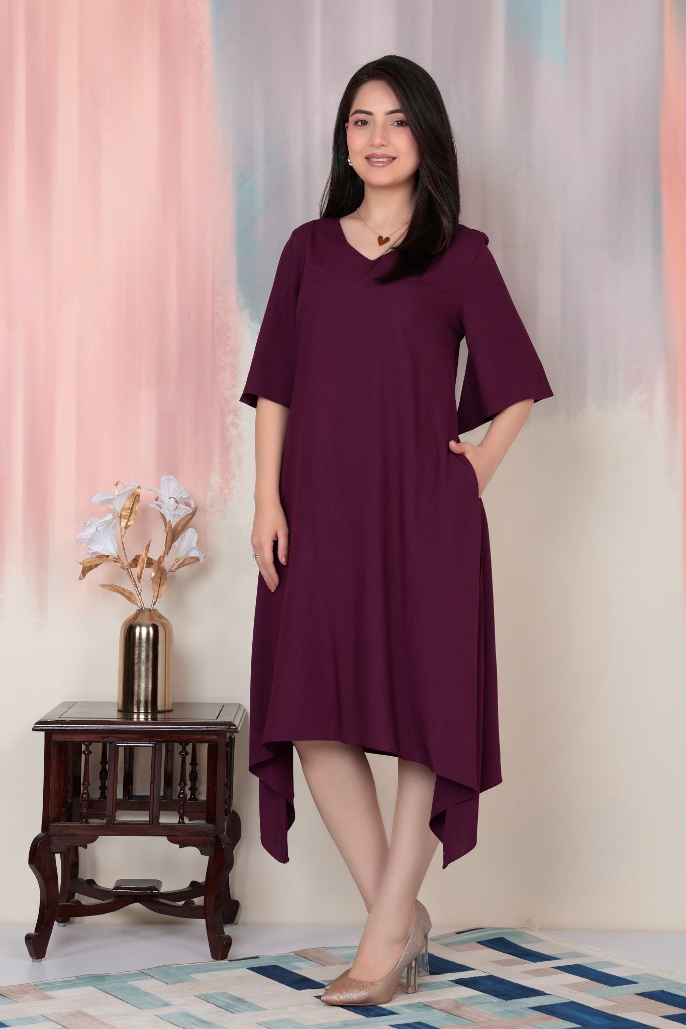 Dark purple v-neck line dress with sleeves [ Premium 100% Rayon, Liva Certified ] -Rayon flare dress with pocket