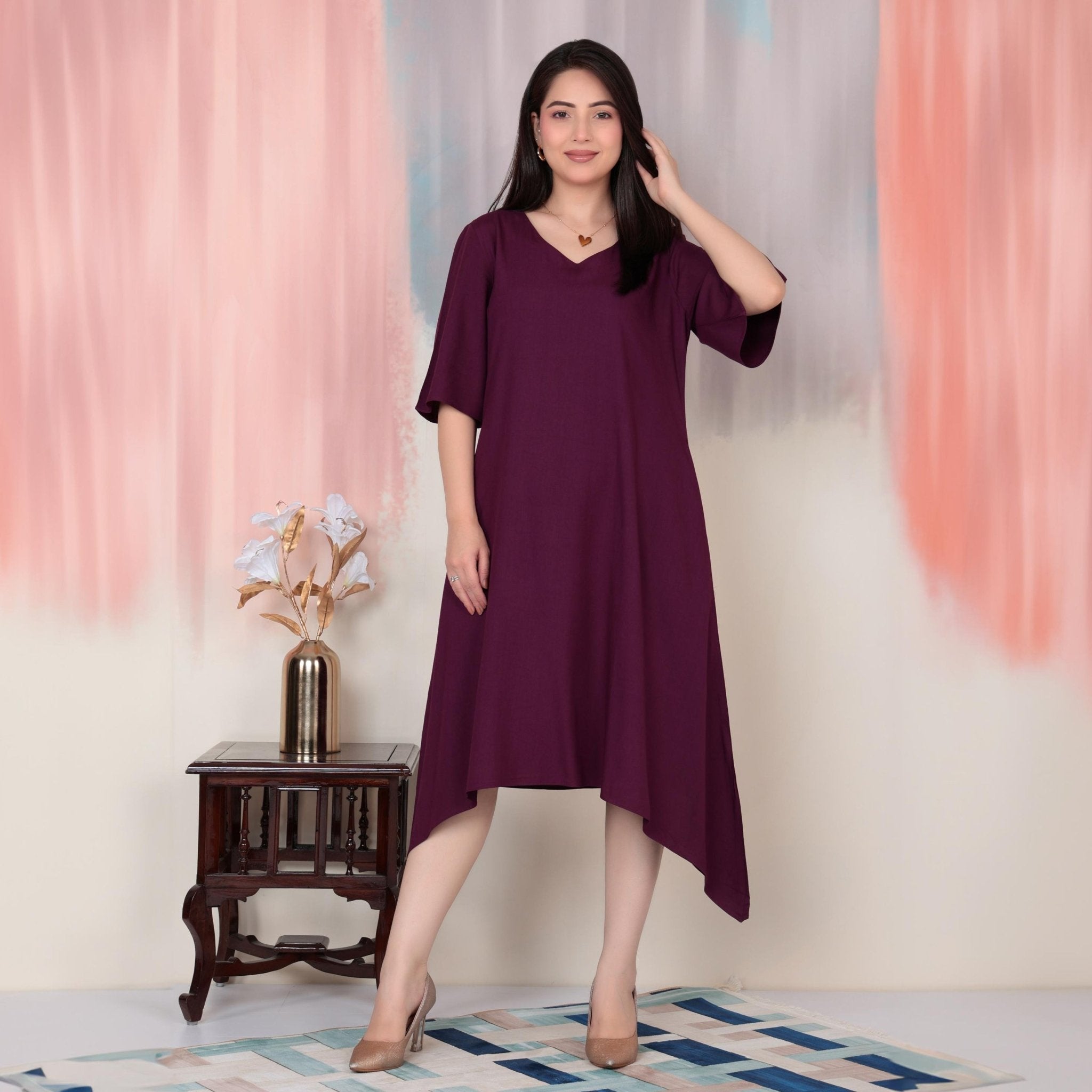 Dark purple v-neck line dress with sleeves [ Premium 100% Rayon, Liva Certified ] -Rayon flare dress with pocket