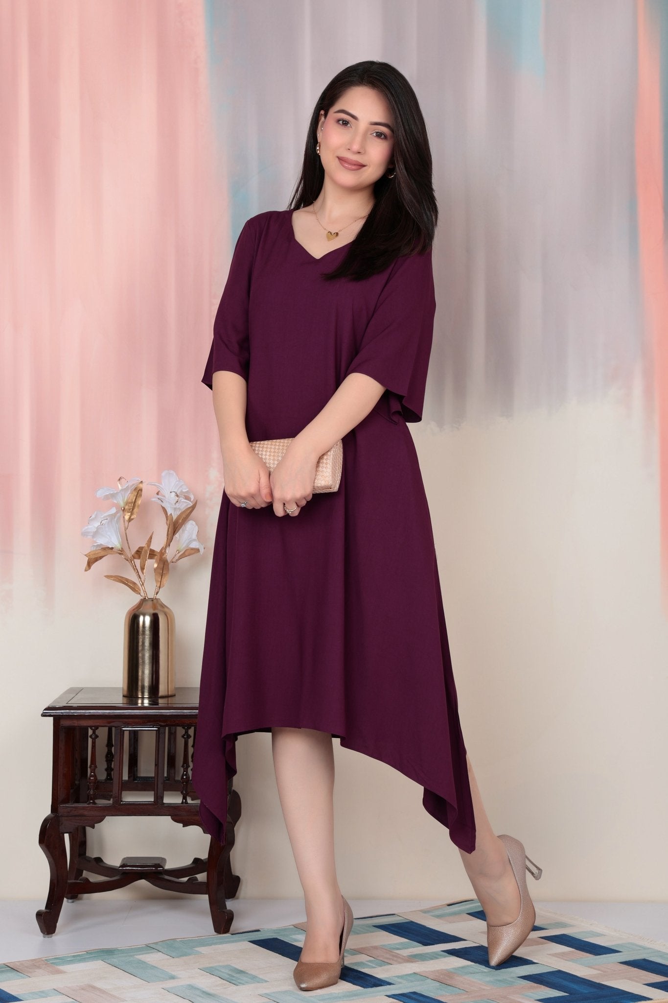 Dark purple v-neck line dress with sleeves [ Premium 100% Rayon, Liva Certified ] -Rayon flare dress with pocket