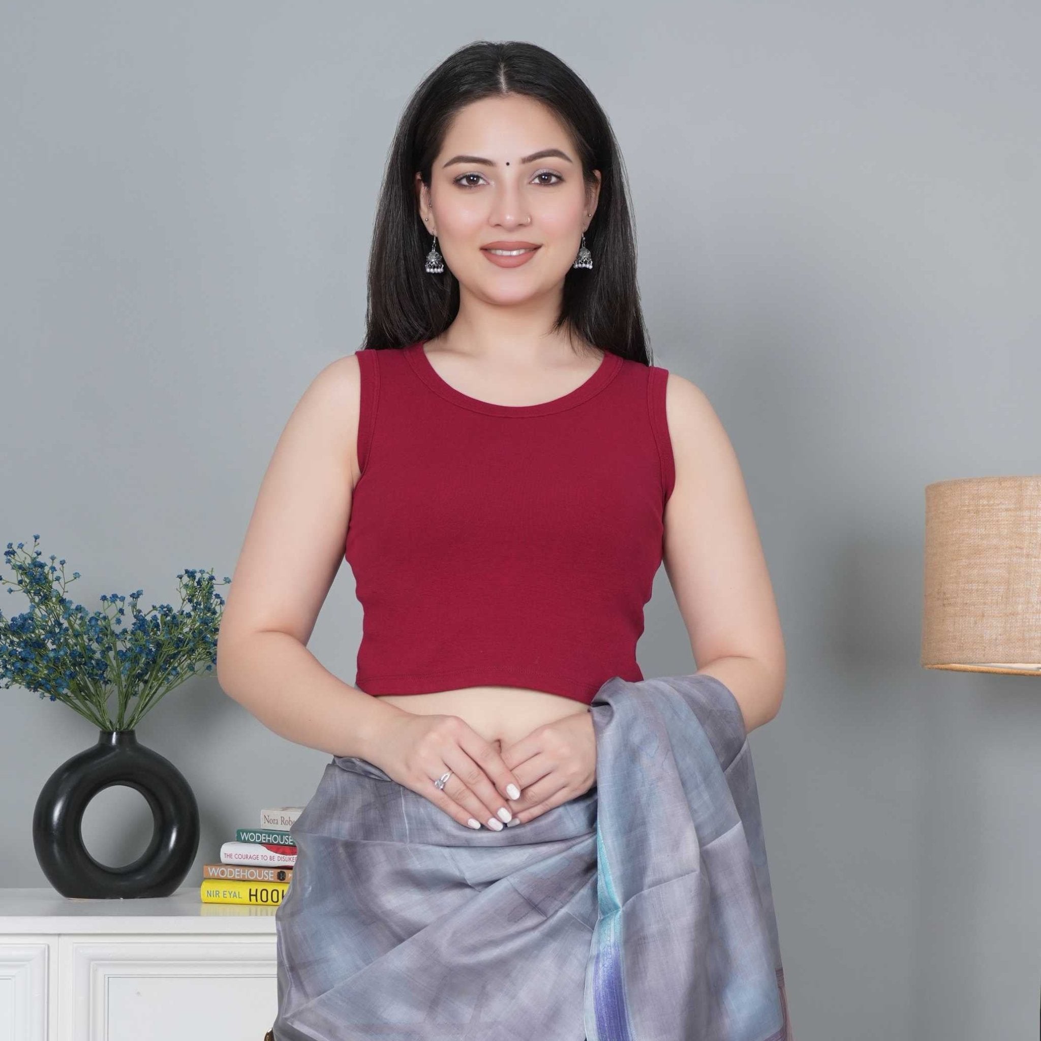 Dark rose Rib Crop Blouse [ 100% USA HQ Cotton, 280 GSM non transparent fabric ] - Rib crop blouse