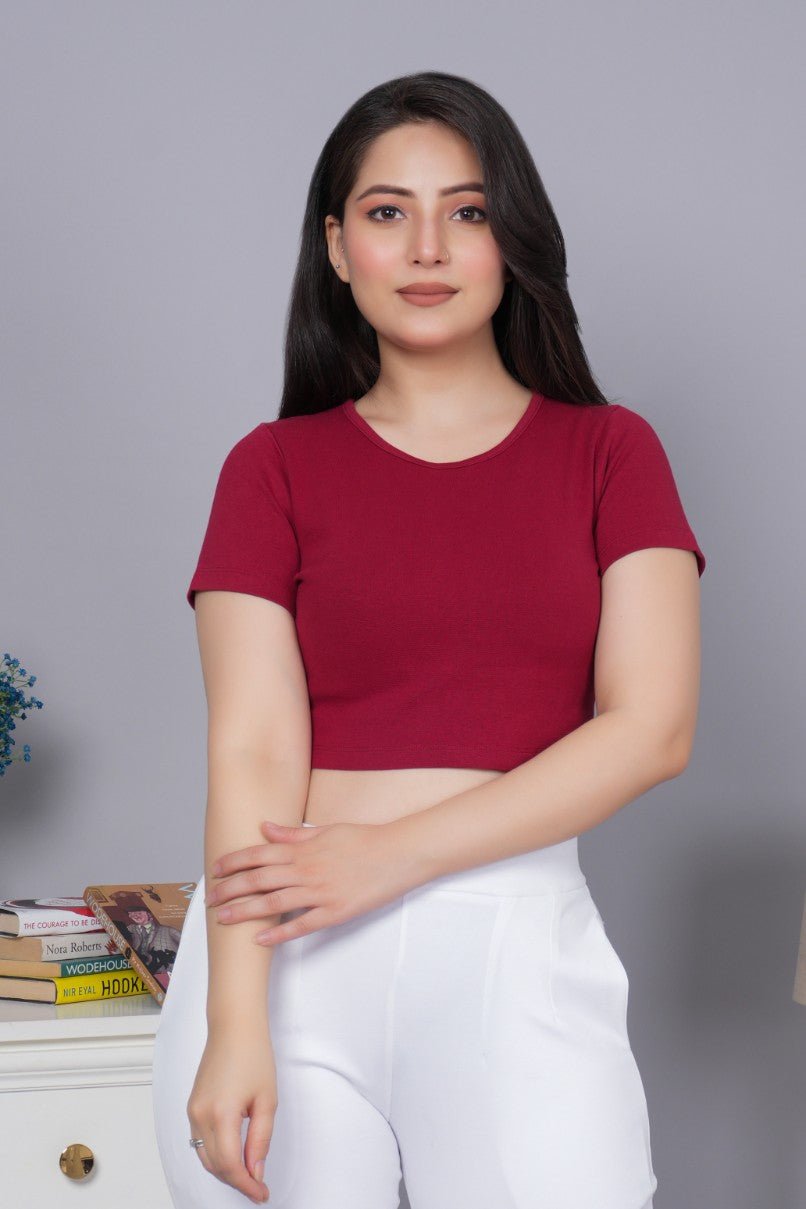 Dark Rose Rib Crop T Shirt [ 100% USA HQ Cotton, 280 GSM non transparent fabric ] - Rib crop t shirt